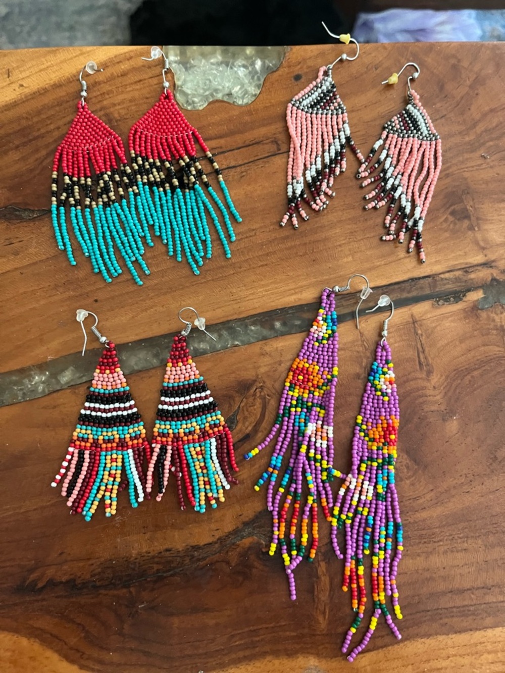 Handmade Multi-Color Beaded Fringe Earrings - Vibrant Pink & Teal